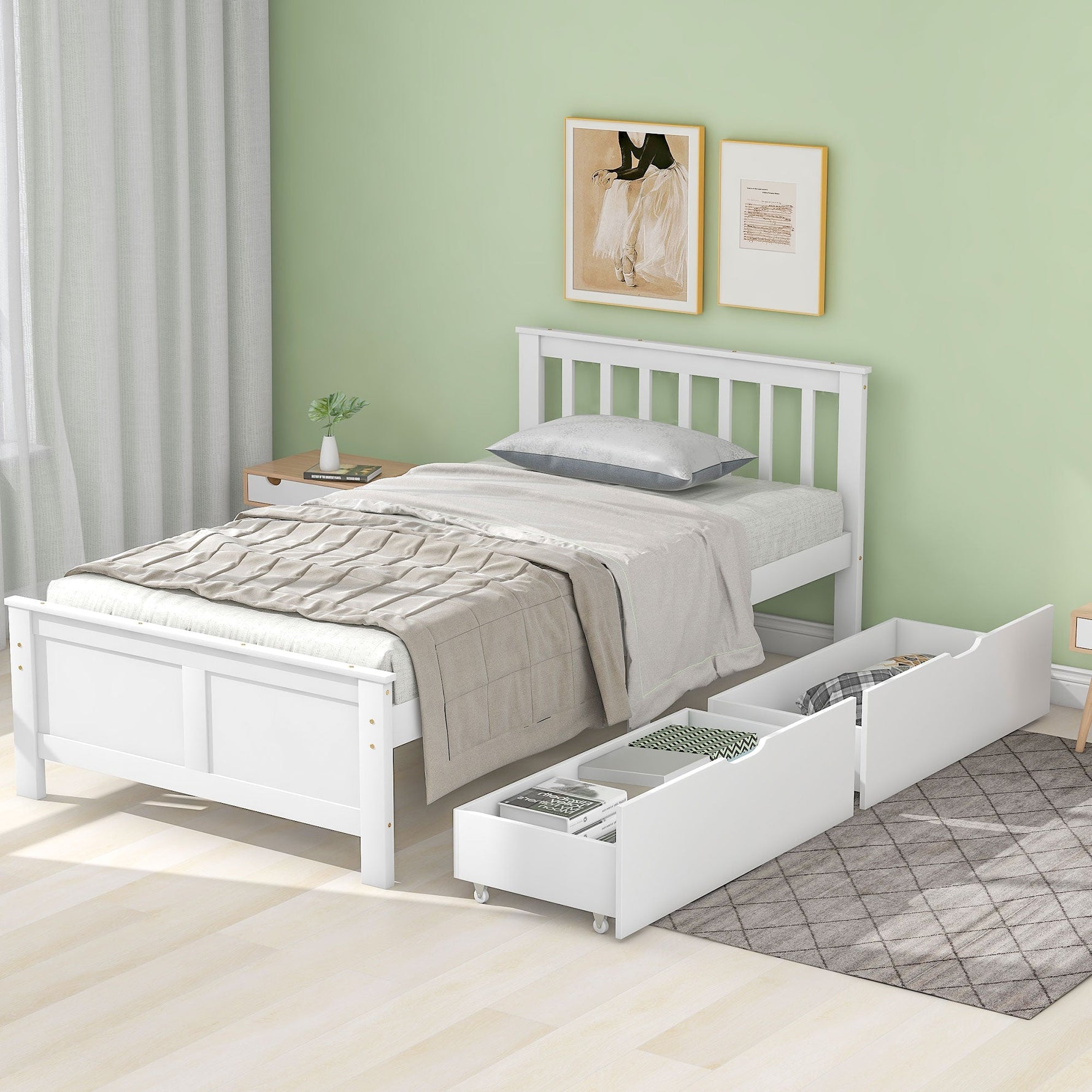 Wooden Bed, Single Adult Youth with Storage Drawers, Pine Wood, White