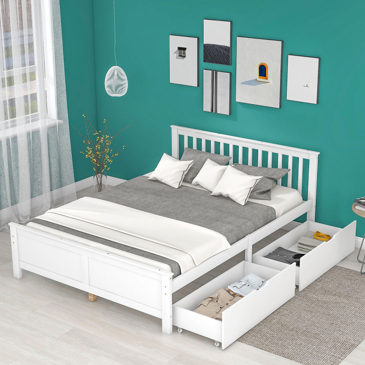 Wooden Bed, Double/Youth/Adult, Storage Drawers, Pinewood, White