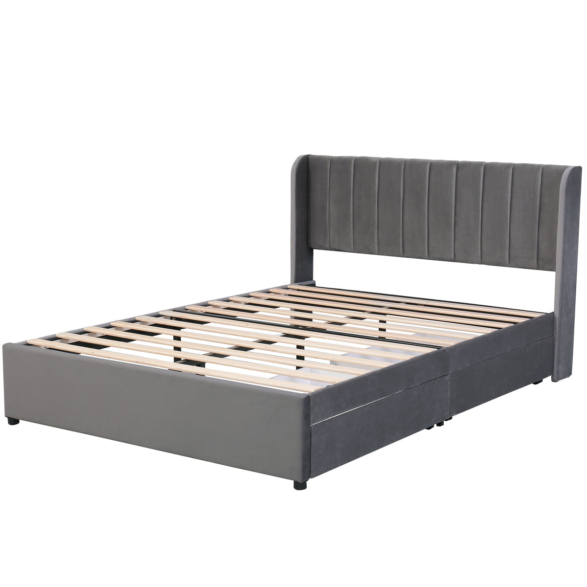 Upholstered Bed 160x200cm Headboard Slatted Base 2 Drawers - Velvet Grey
