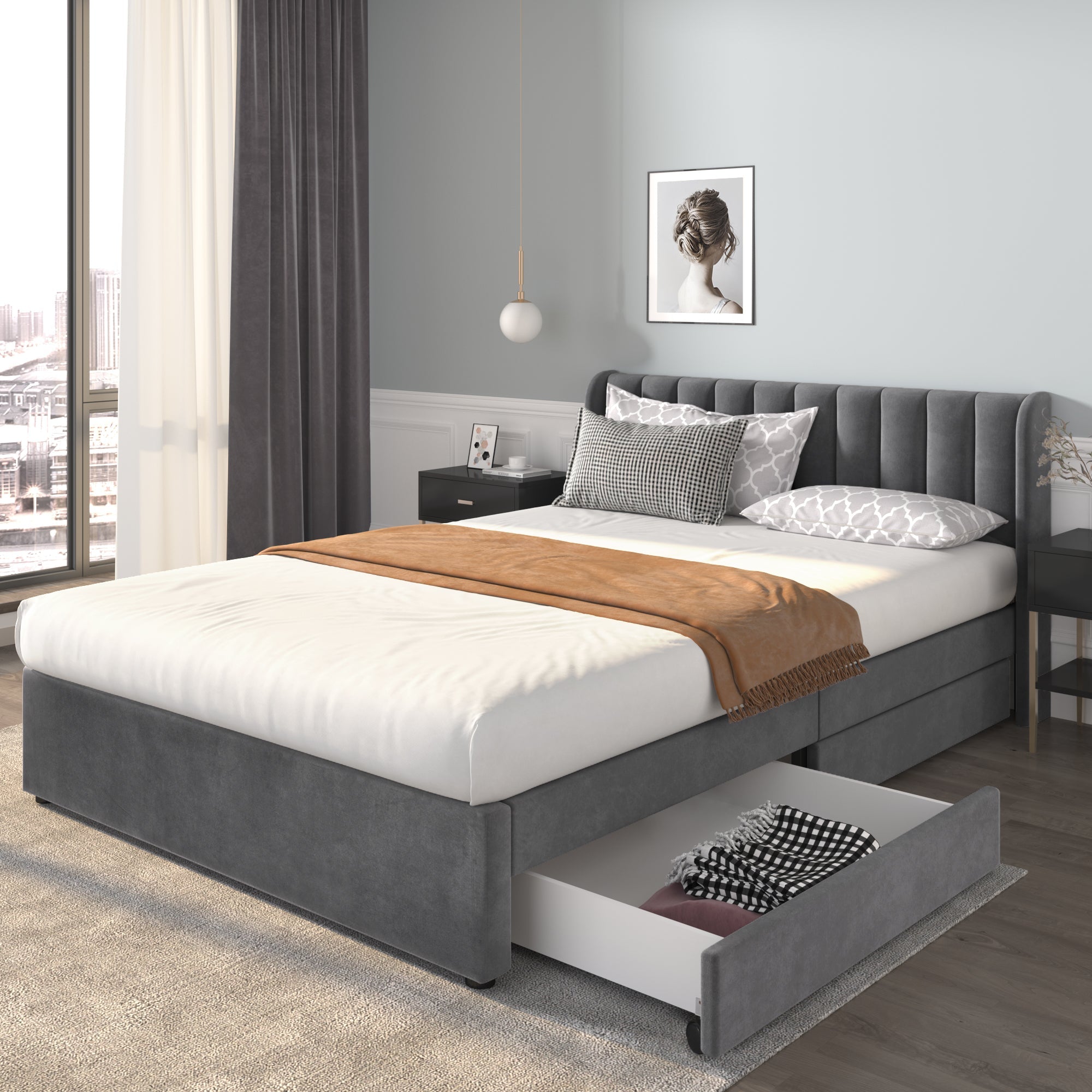 Upholstered Bed 160x200cm Headboard Slatted Base 2 Drawers - Velvet Grey