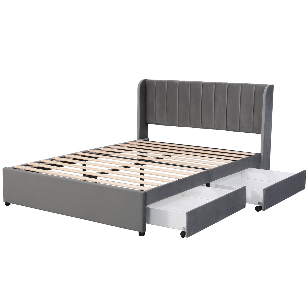 Upholstered Bed 160x200cm Headboard Slatted Base 2 Drawers - Velvet Grey