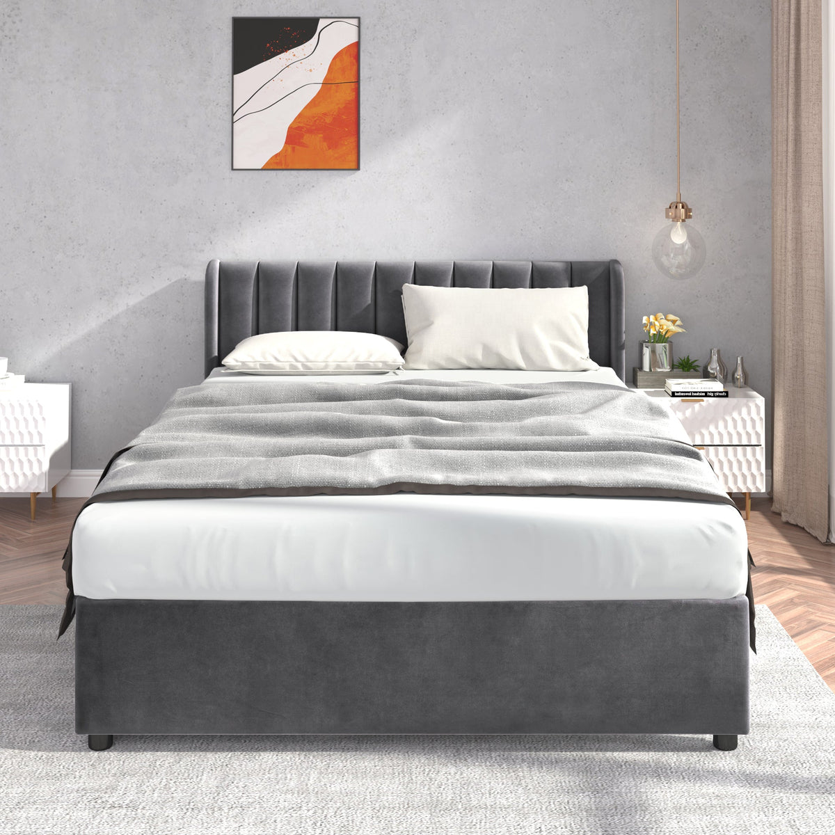 Upholstered Bed 160x200cm Headboard Slatted Base 2 Drawers - Velvet Grey