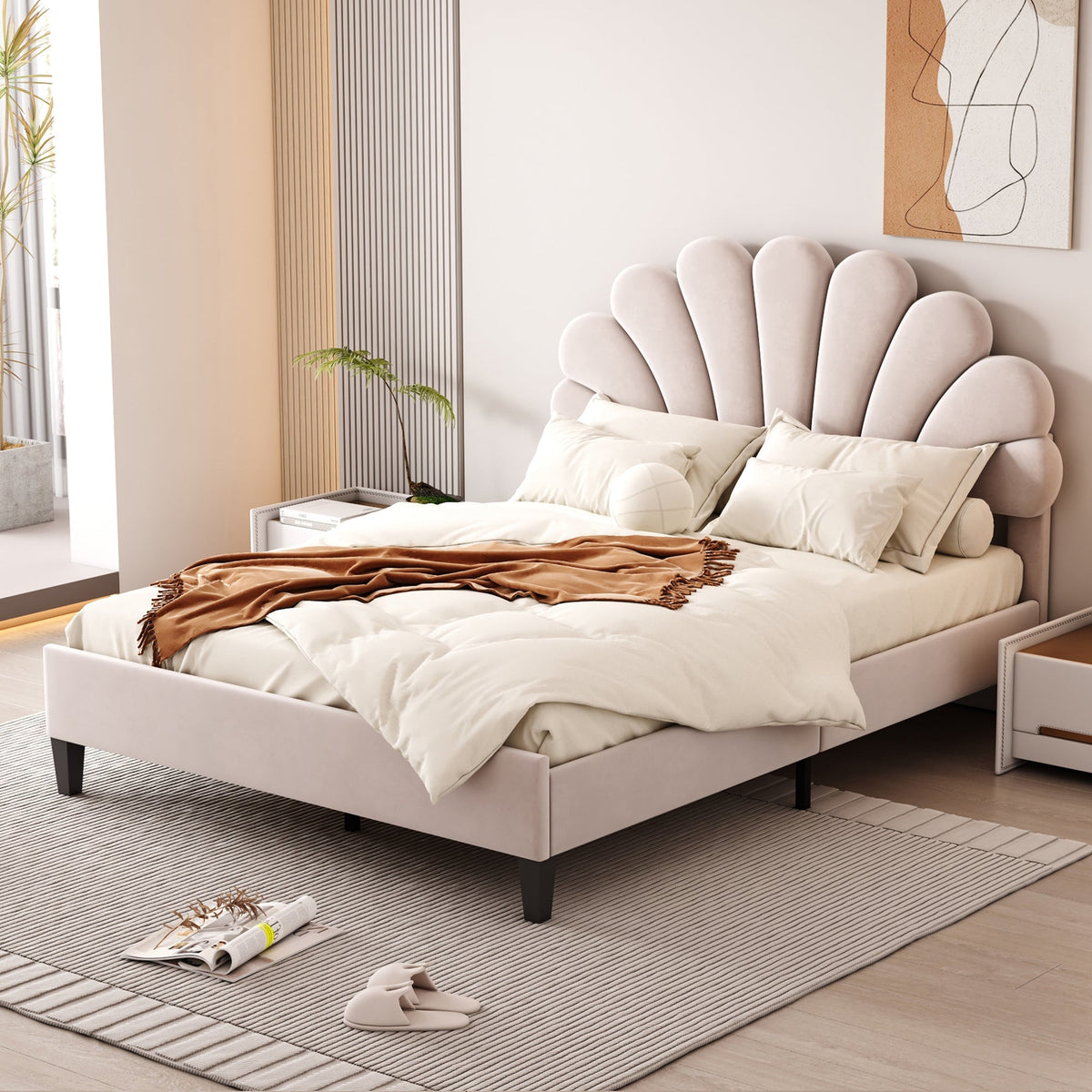 Upholstered Double Bed, 140x200cm Flower Headboard with Slats, Velvet Beige