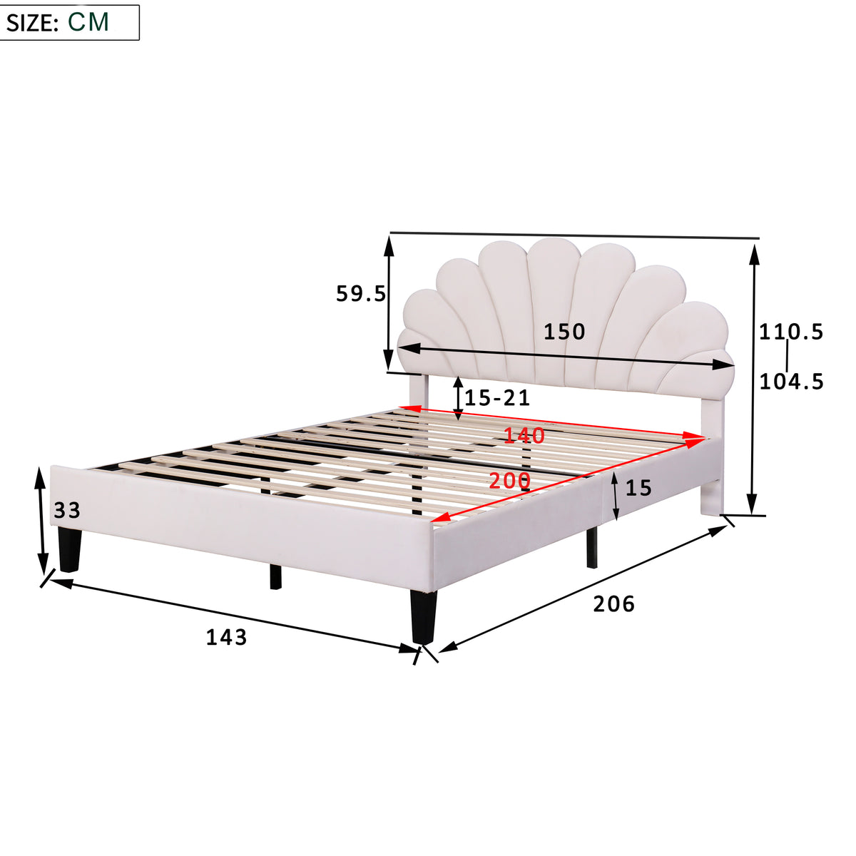 Upholstered Double Bed 160x200cm Sub-Item, White Bouclé