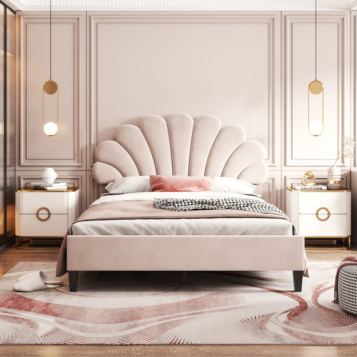 Upholstered Double Bed, 140x200cm Flower Headboard with Slats, Velvet Beige