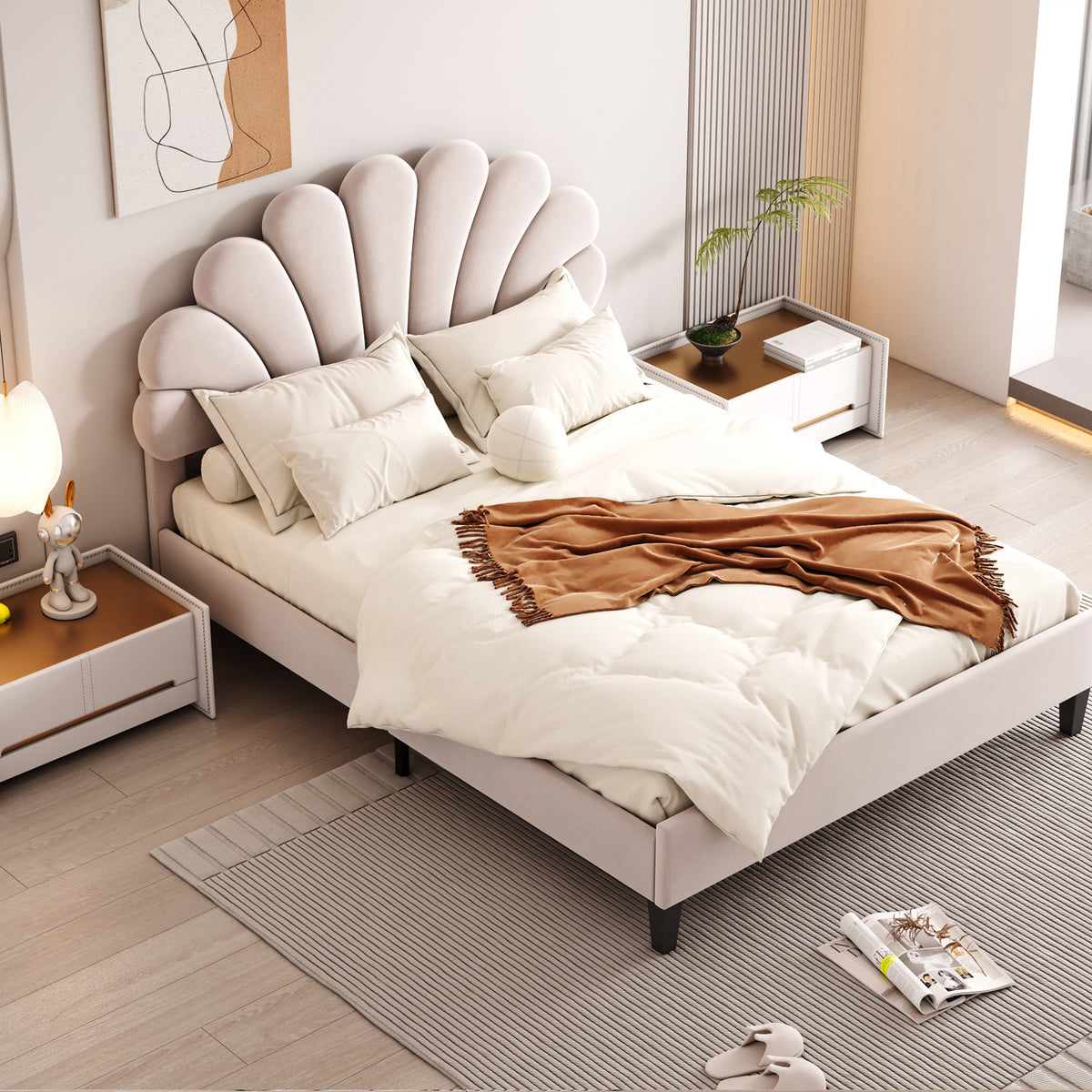 Upholstered Double Bed 160x200cm Sub-Item, White Bouclé