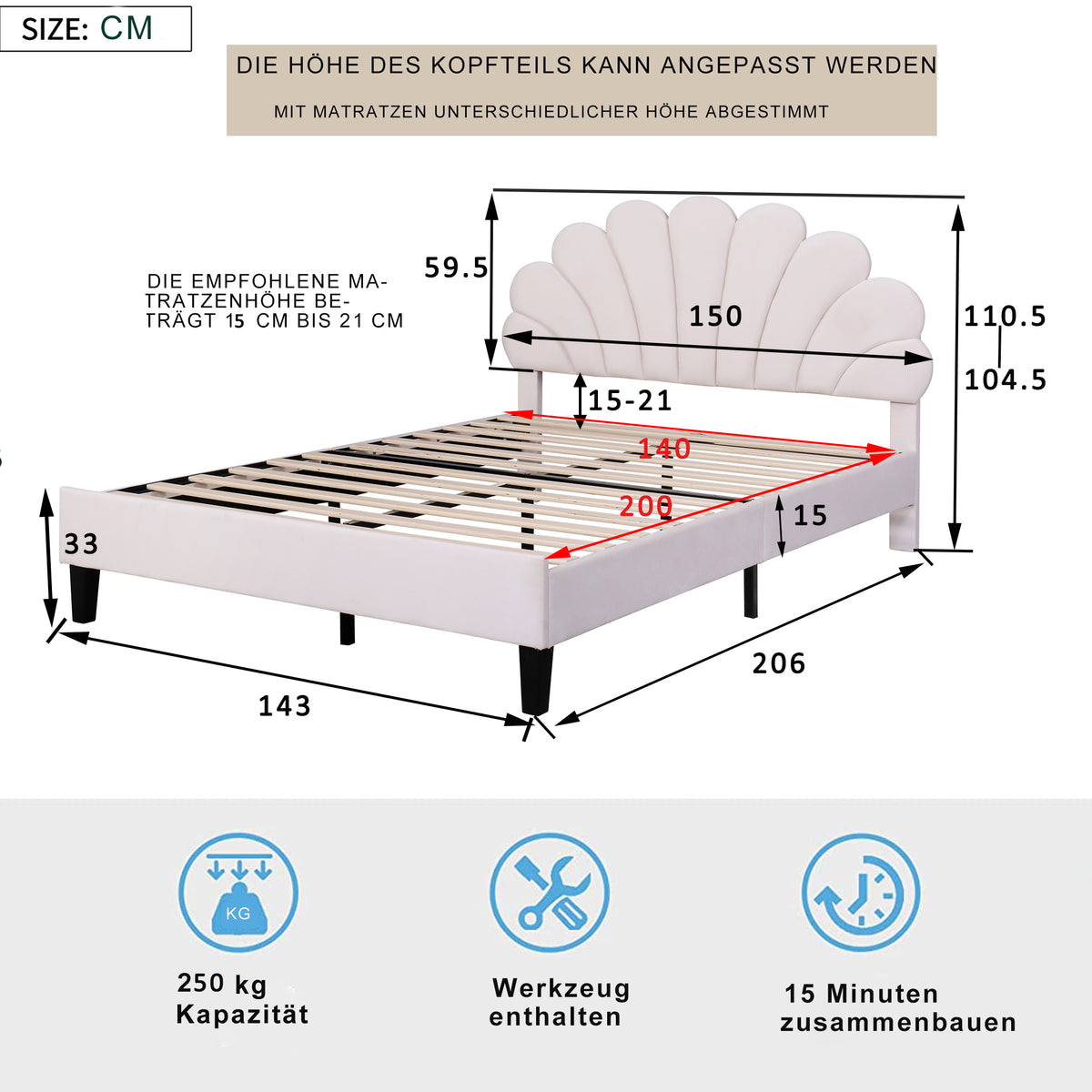 Upholstered Double Bed 160x200cm Sub-Item, White Bouclé