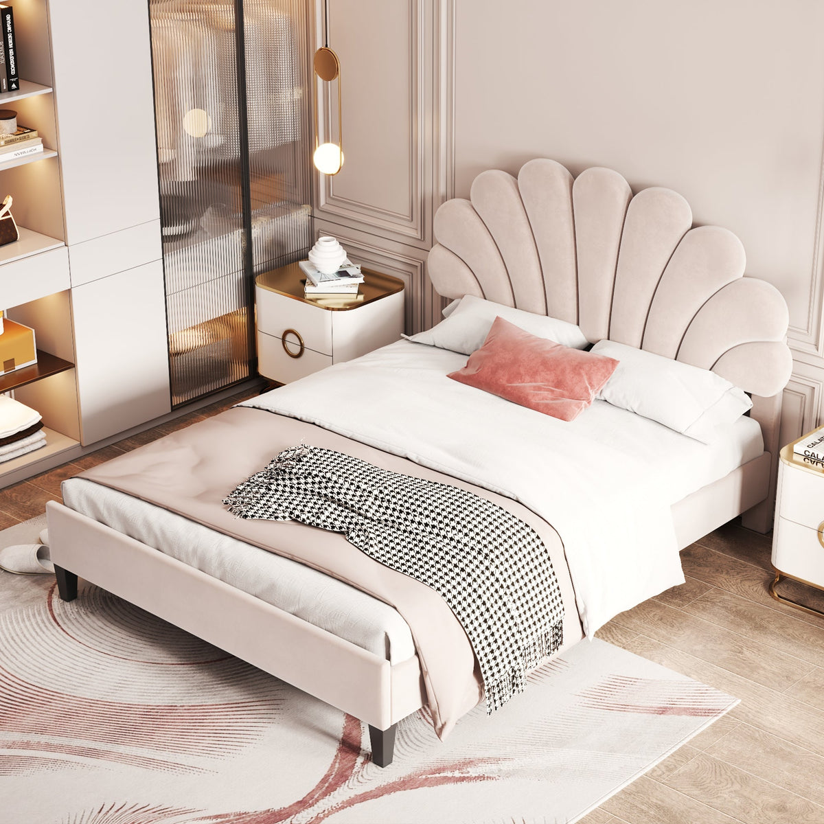 Upholstered Double Bed, 140x200cm Flower Headboard with Slats, Velvet Beige