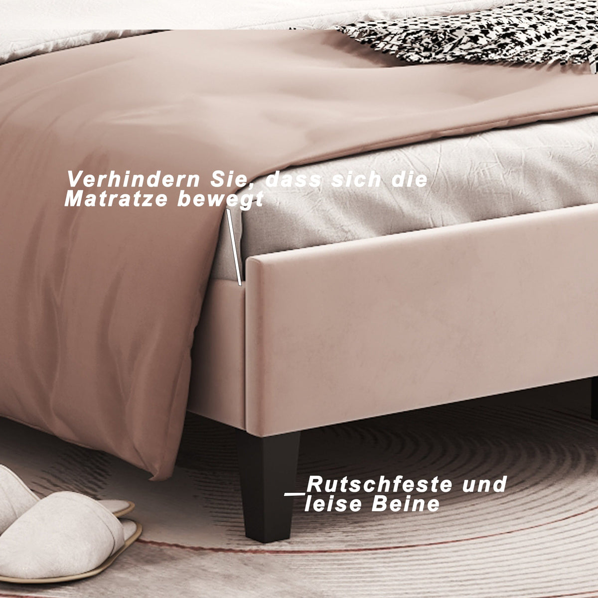 Upholstered Double Bed, 140x200cm Flower Headboard with Slats, Velvet Beige