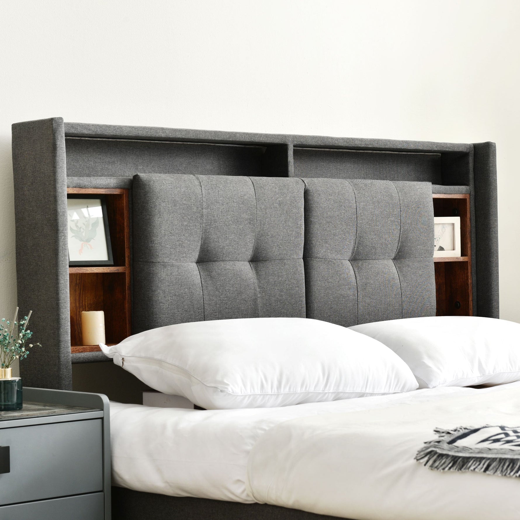 Upholstered Double Bed 160x200cm Storage USB LED Slatted Base, Grey