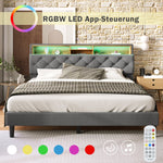 Upholstered Double Bed, Storage Headboard LED Lights 140x200cm, Wooden Frame Grey