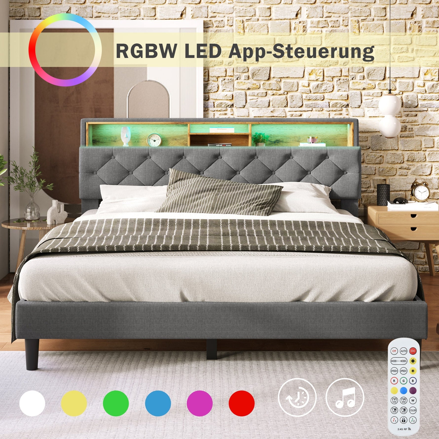 Upholstered Double Bed, Storage Headboard LED Lights 140x200cm, Wooden Frame Grey