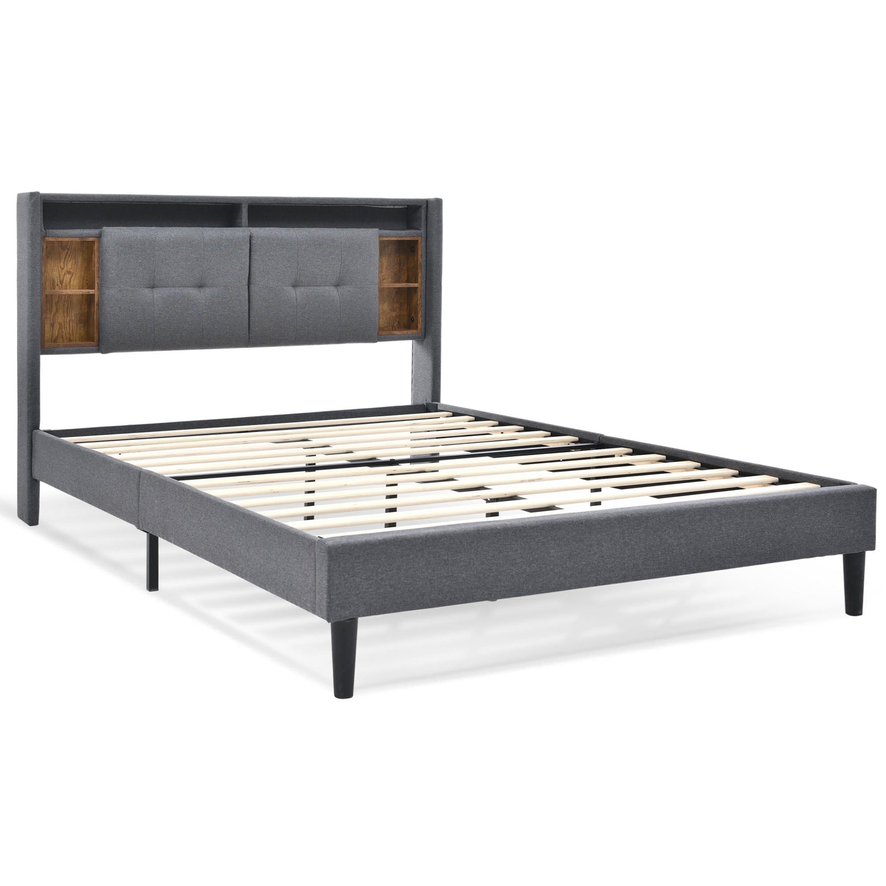 Upholstered Double Bed, Storage Headboard with USB & LED, Wooden Slatted Frame, Grey