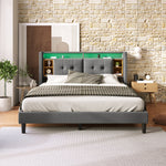 Upholstered Double Bed, Storage Headboard USB LED 160x200cm, Grey