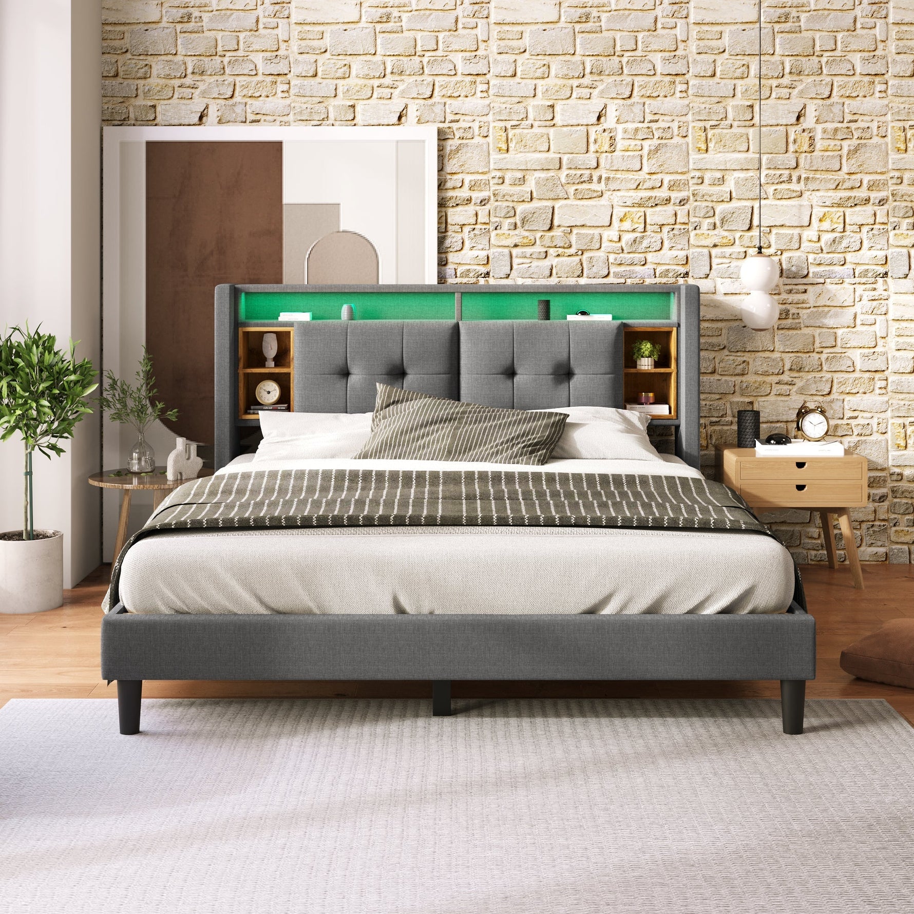 Upholstered Double Bed, Storage Headboard USB LED 160x200cm, Grey