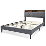 Upholstered Double Bed, Storage Headboard LED Lights 140x200cm, Wooden Frame Grey