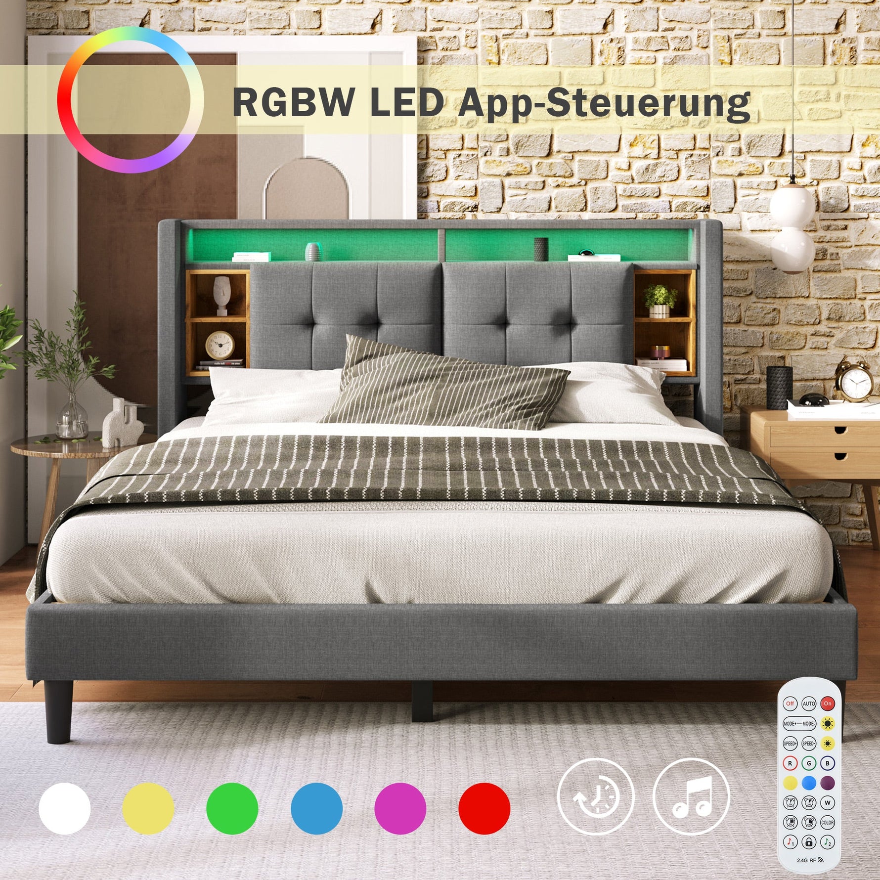 Upholstered Double Bed, Storage Headboard with USB & LED, Wooden Slatted Frame, Grey