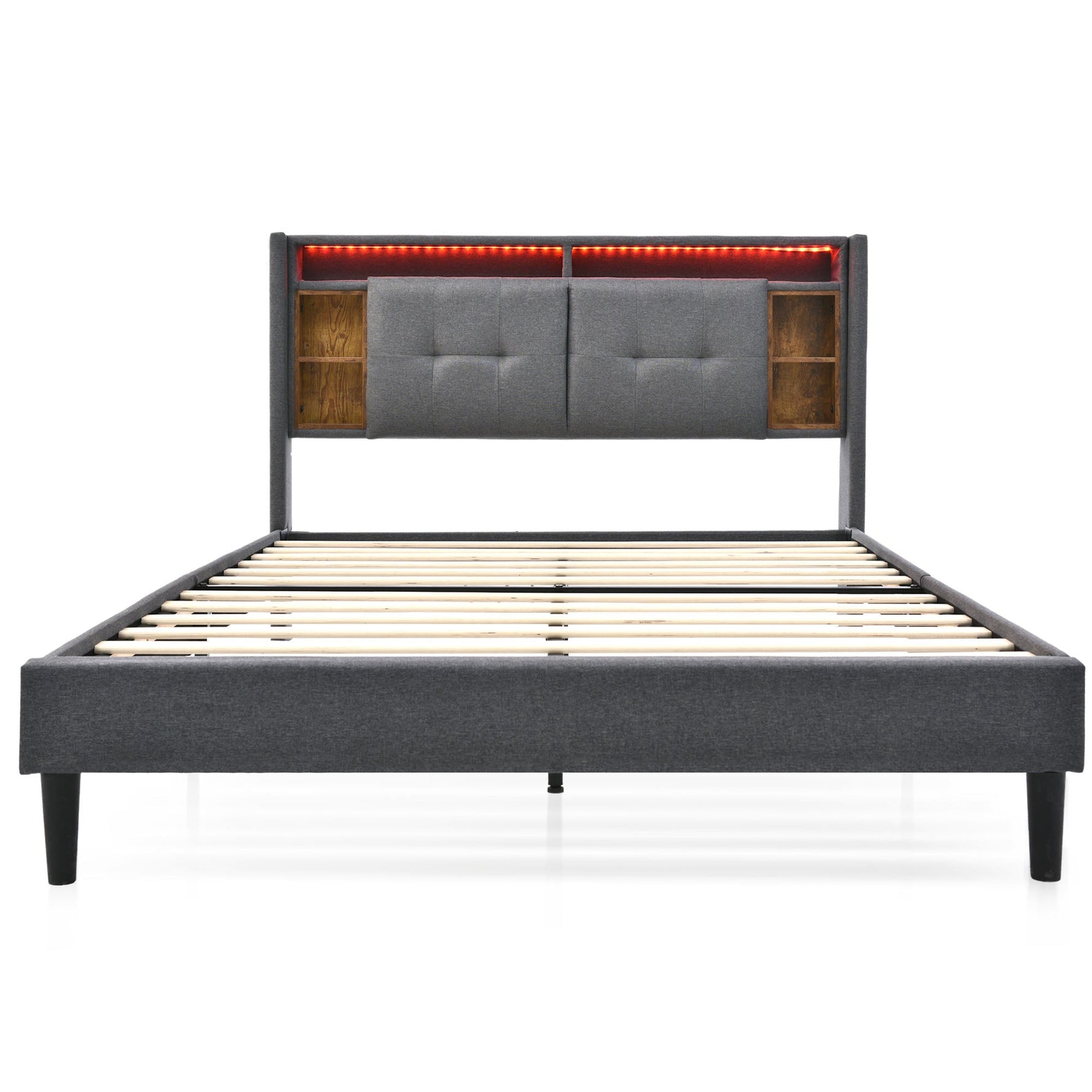 Upholstered Double Bed, Storage Headboard with USB & LED, Wooden Slatted Frame, Grey
