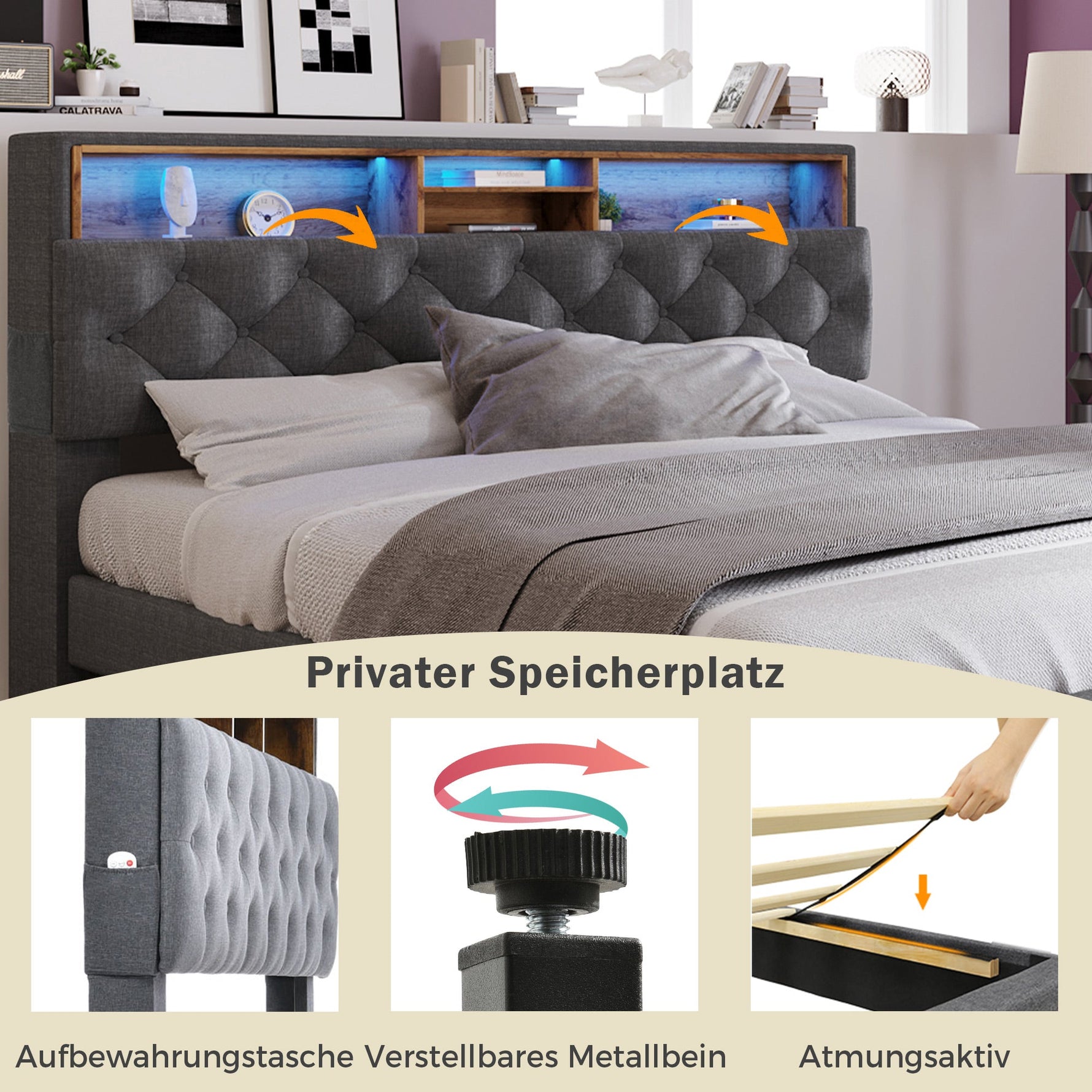 Upholstered Double Bed, Storage Headboard LED Lights 140x200cm, Wooden Frame Grey