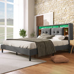 Upholstered Double Bed, Storage Headboard USB LED 160x200cm, Grey