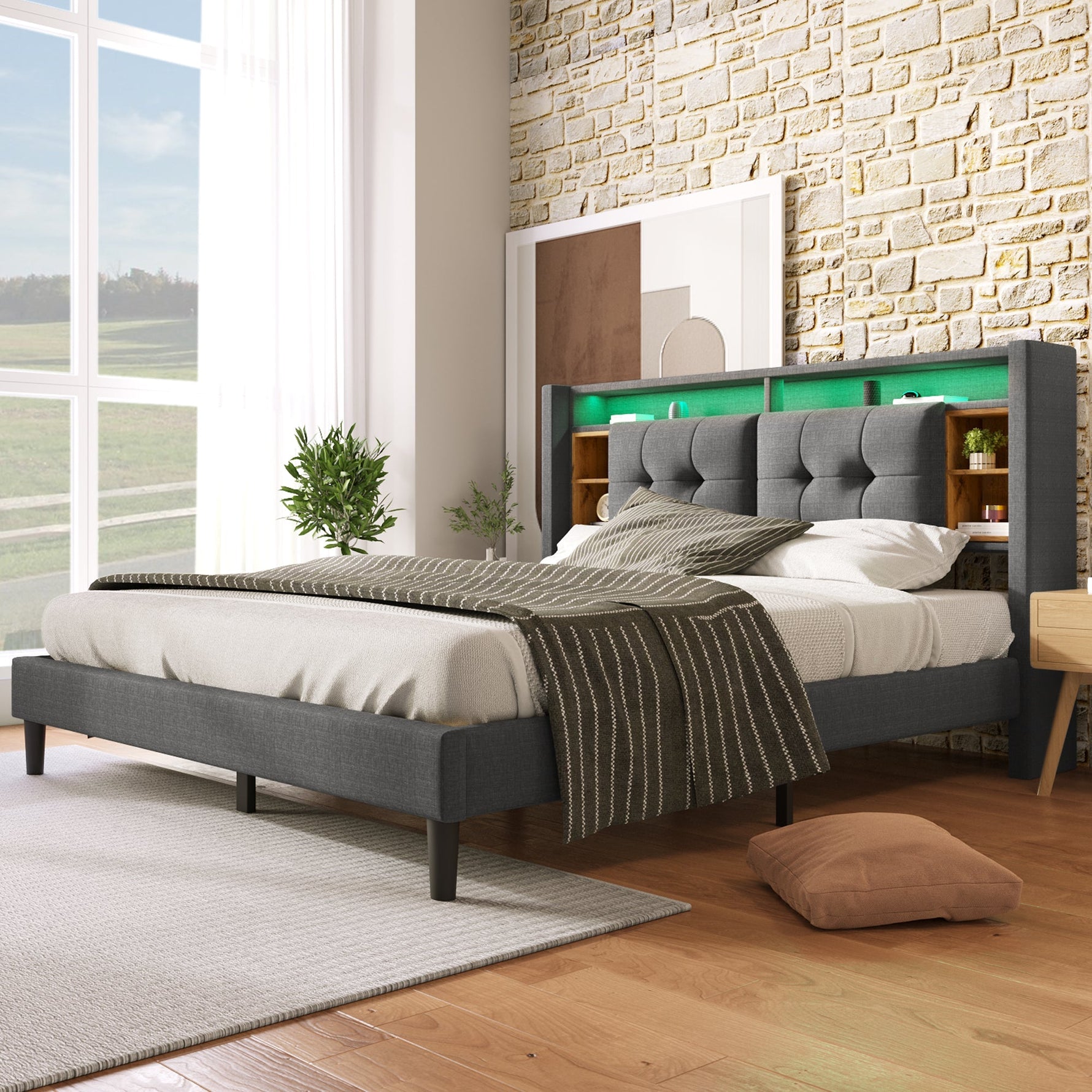 Upholstered Double Bed, Storage Headboard USB LED 160x200cm, Grey