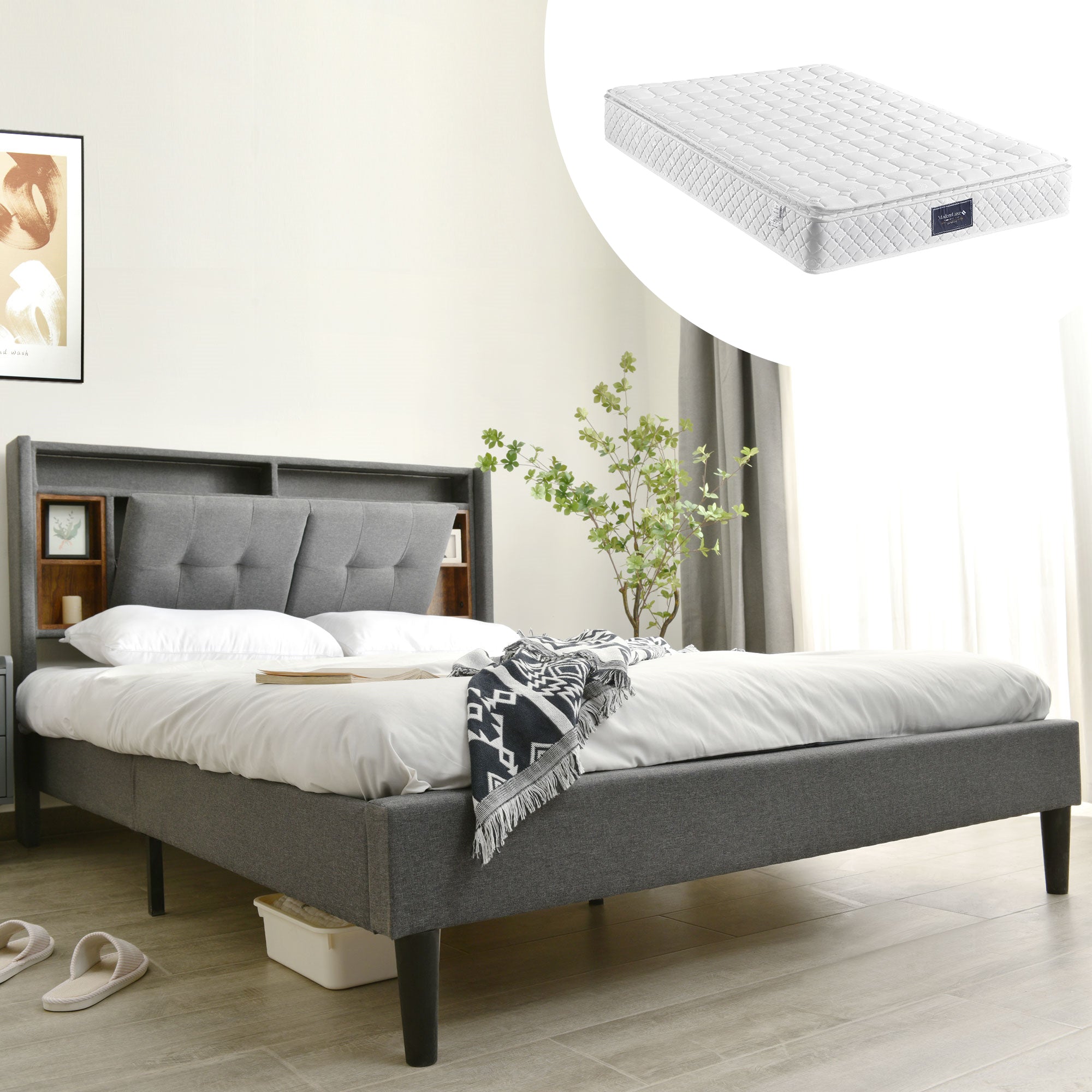 Upholstered Double Bed, Storage Headboard with USB & LED, Wooden Slatted Frame, Grey