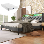 Upholstered Double Bed, Storage Headboard LED Lights 140x200cm, Wooden Frame Grey
