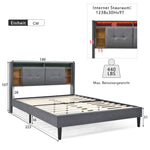 Upholstered Double Bed, Storage Headboard with USB & LED, Wooden Slatted Frame, Grey