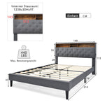Upholstered Double Bed, Storage Headboard LED Lights 140x200cm, Wooden Frame Grey