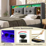 Upholstered Double Bed, Storage Headboard with USB & LED, Wooden Slatted Frame, Grey