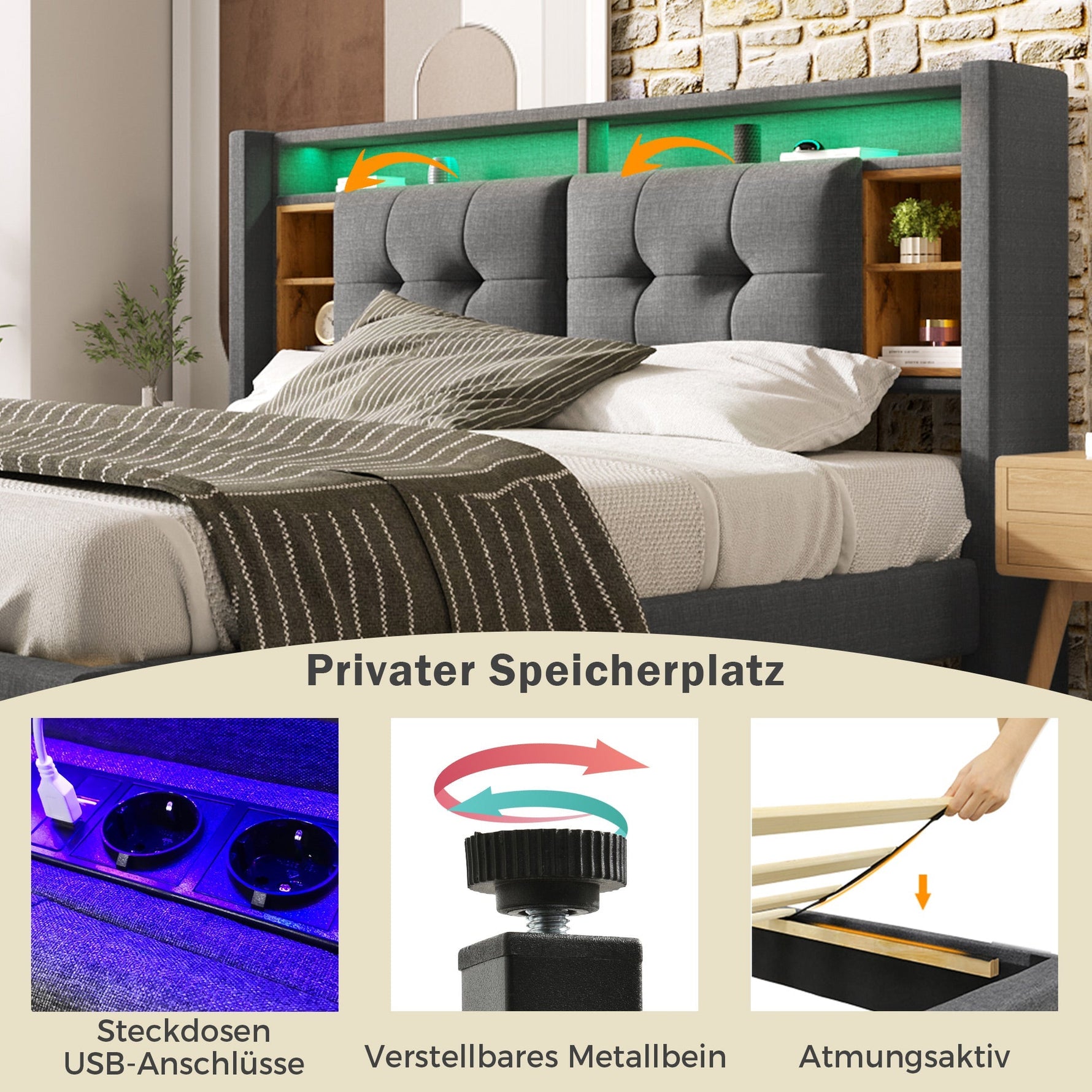 Upholstered Double Bed, Storage Headboard with USB & LED, Wooden Slatted Frame, Grey