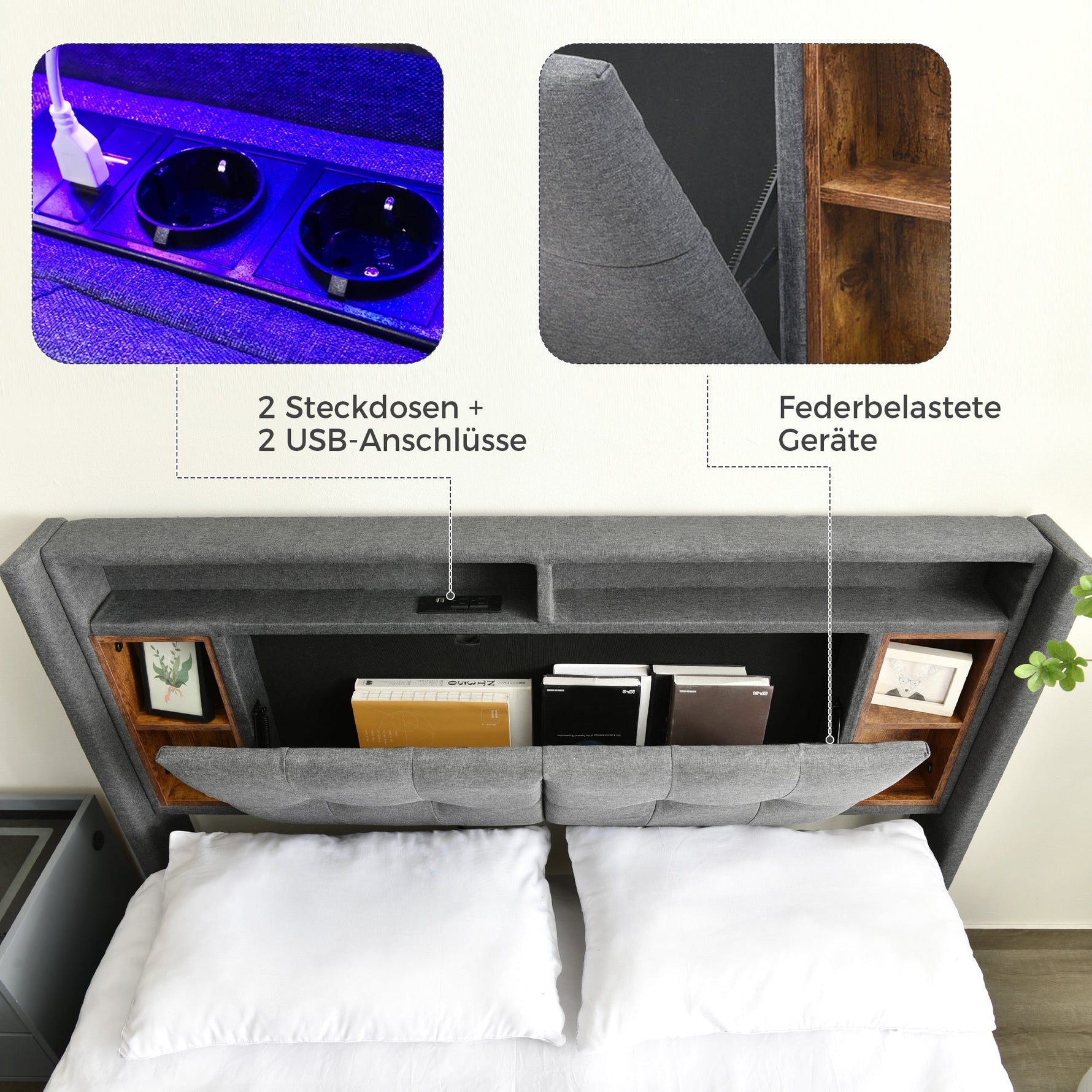 Upholstered Double Bed, Storage Headboard USB LED 160x200cm, Grey