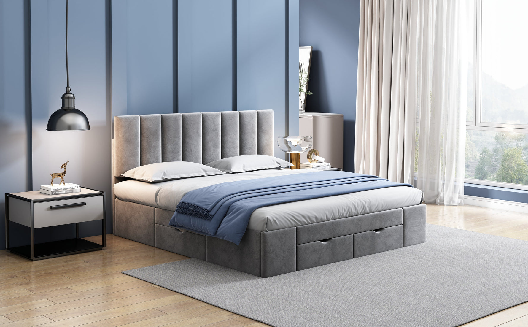 Upholstered Bed 160 x 200 cm with Slatted Base and 4 Storage Drawers, Grey Velvet