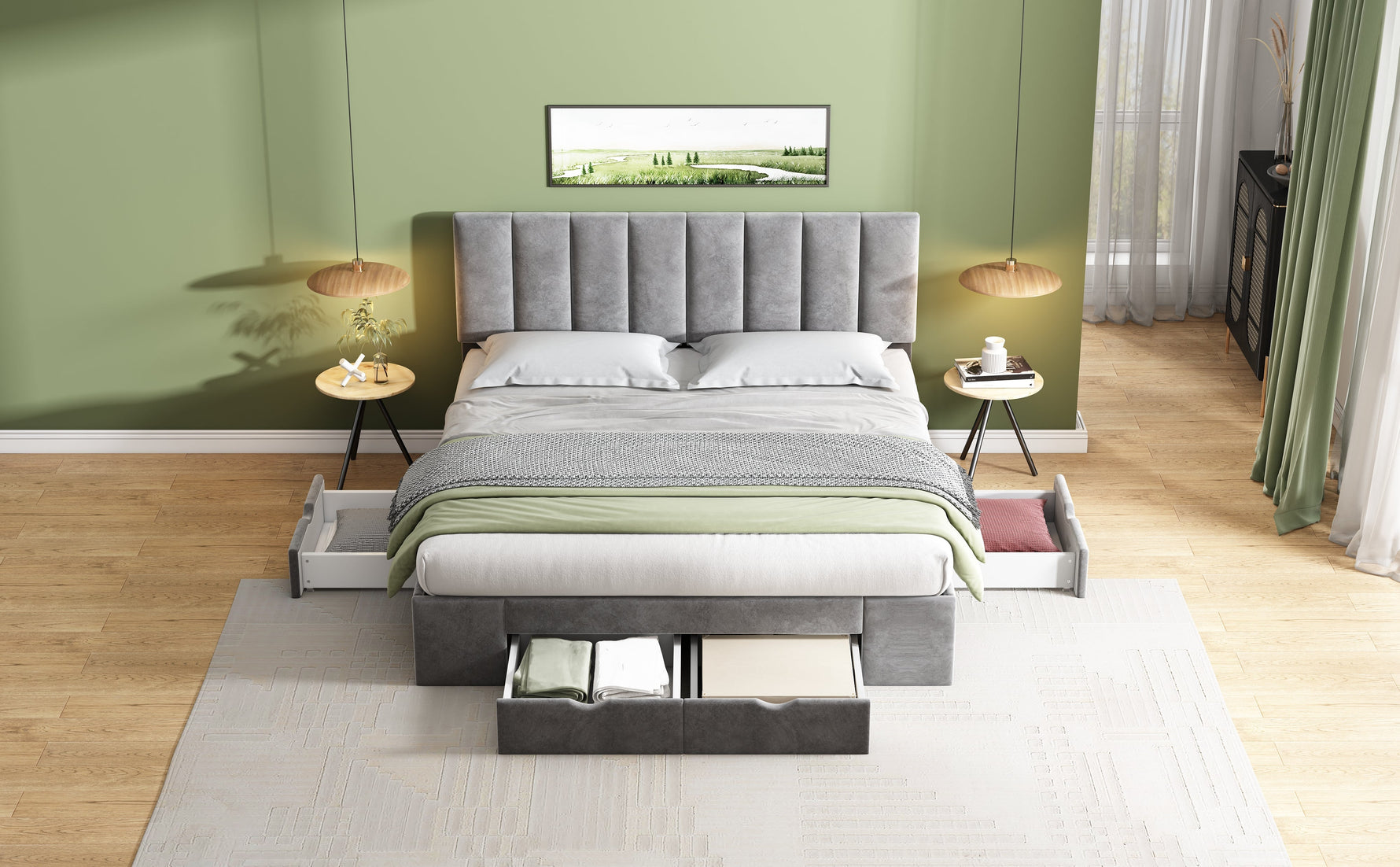 Upholstered Bed 160 x 200 cm with Slatted Base and 4 Storage Drawers, Grey Velvet