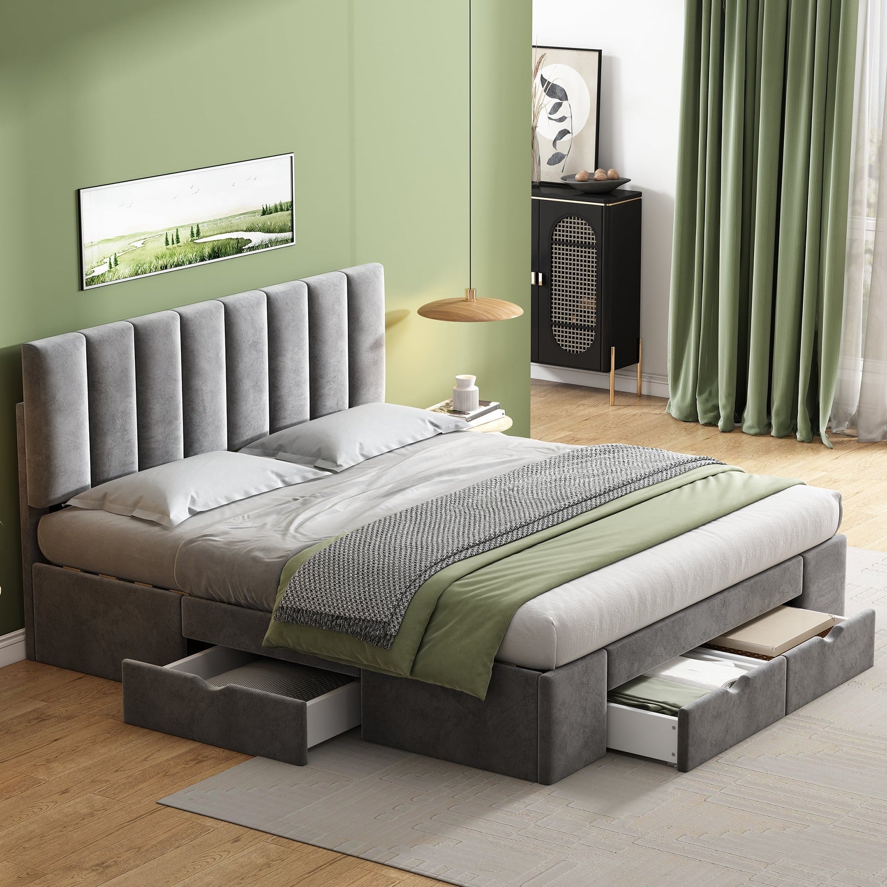 Upholstered Bed 160 x 200 cm with Slatted Base and 4 Storage Drawers, Grey Velvet