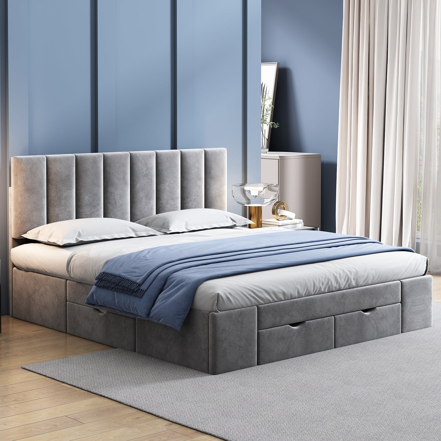 Upholstered Bed 160 x 200 cm with Slatted Base and 4 Storage Drawers, Grey Velvet