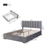 Upholstered Bed 160 x 200 cm with Slatted Base and 4 Storage Drawers, Grey Velvet