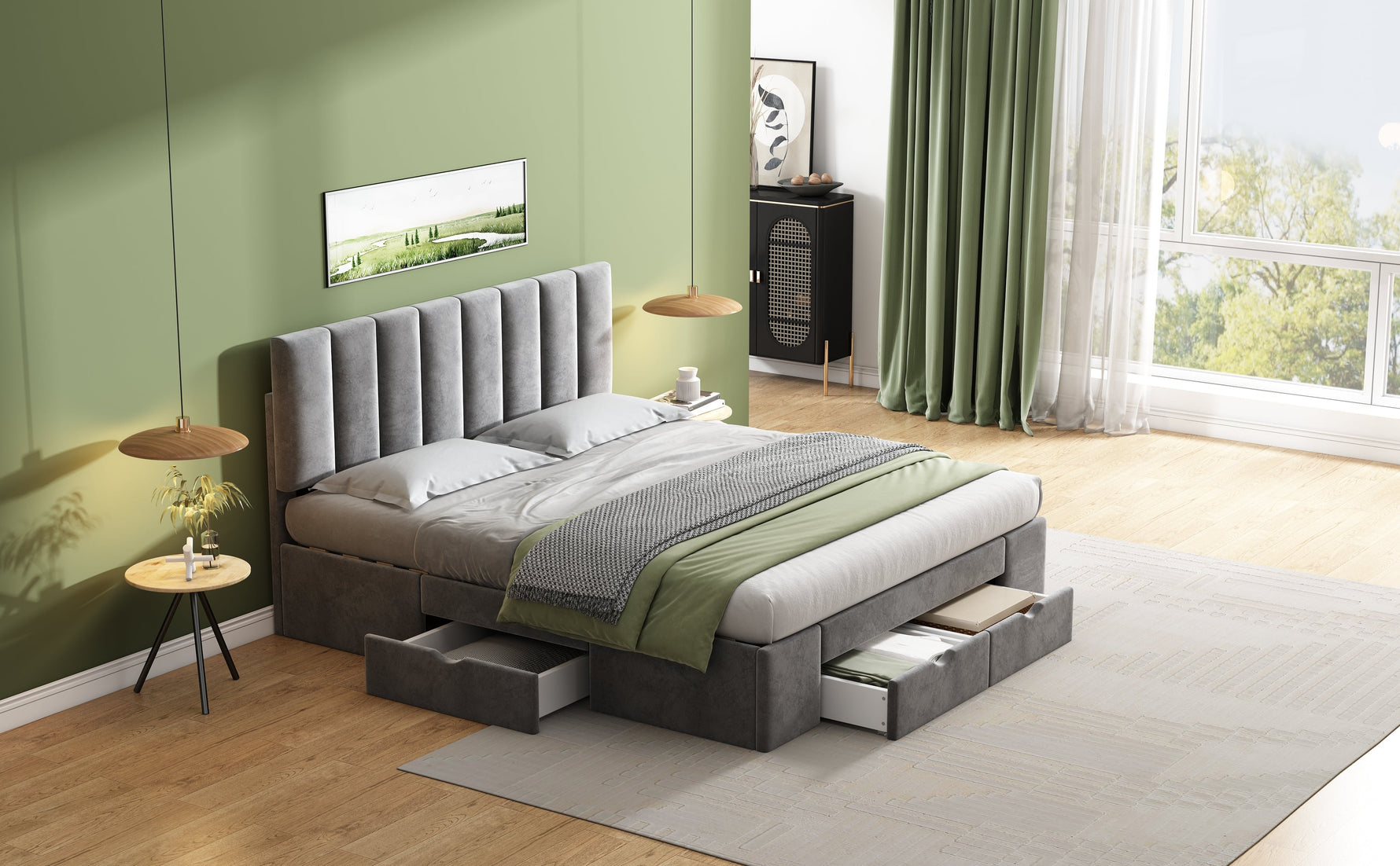 Upholstered Bed 160 x 200 cm with Slatted Base and 4 Storage Drawers, Grey Velvet