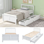 Wooden Bed, Single Adult Youth with Storage Drawers, Pine Wood, White