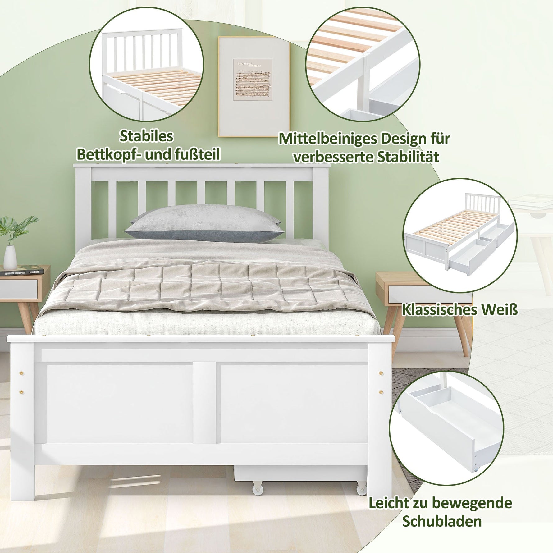 Wooden Bed, Single Adult Youth with Storage Drawers, Pine Wood, White