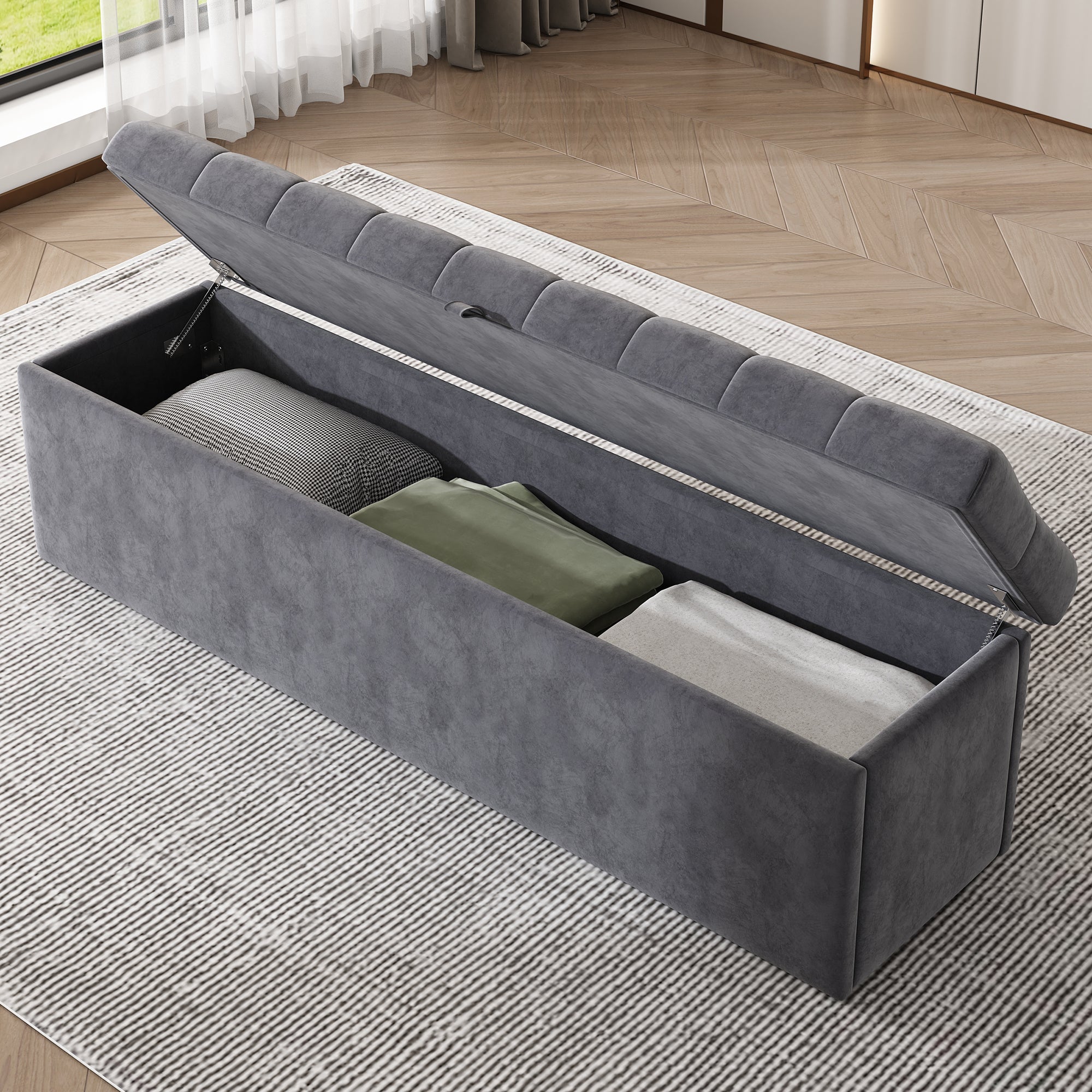 Velvet Bench Upholstered Storage 138x41x42cm - Grey