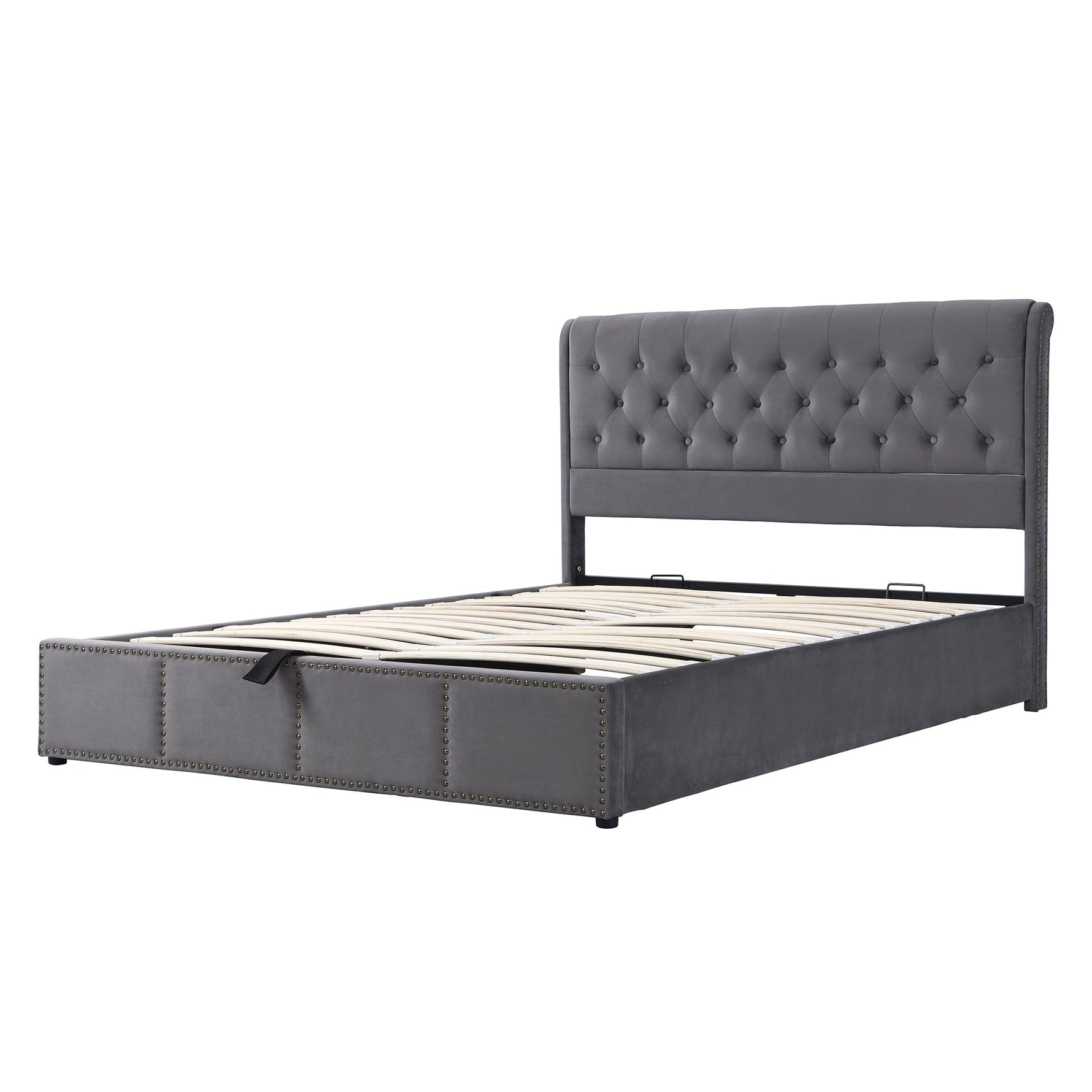 Upholstered Bed 140x190cm Hydraulic Storage Studded - Velvet Grey