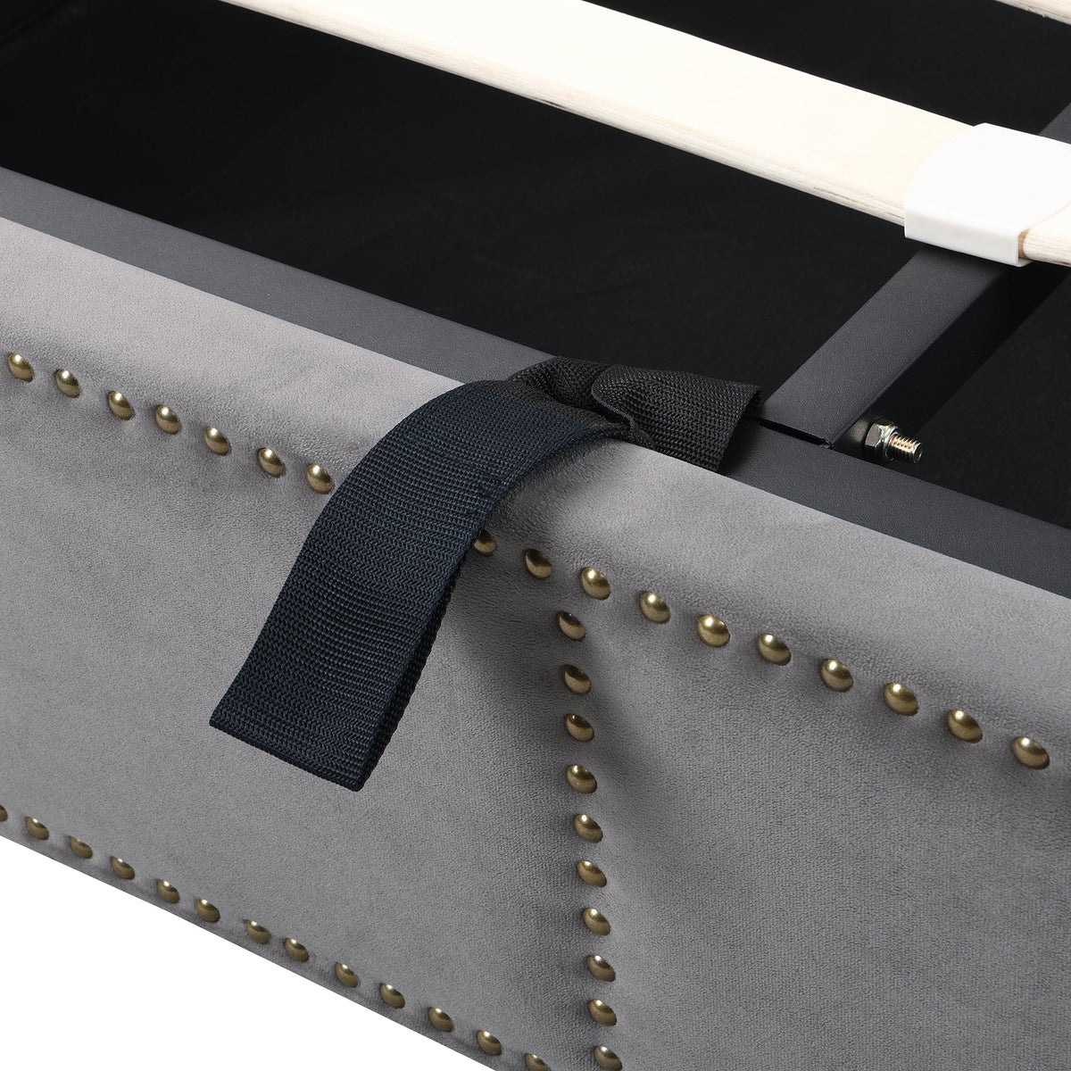 Upholstered Bed with Lift-Up Storage and Studded Footboard, Grey