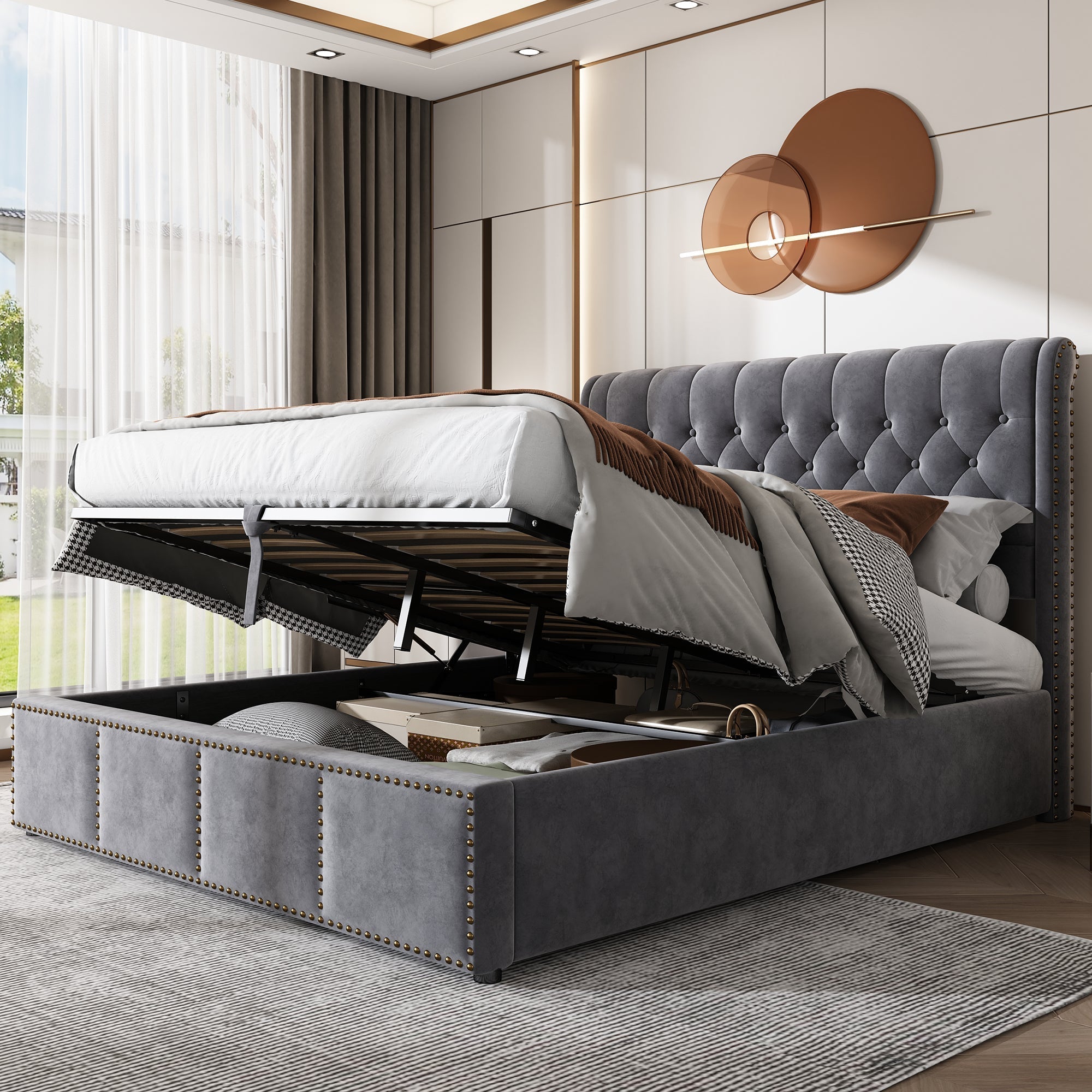 Upholstered Bed Hydraulic Storage Studded Headboard 160x200cm Velvet Grey