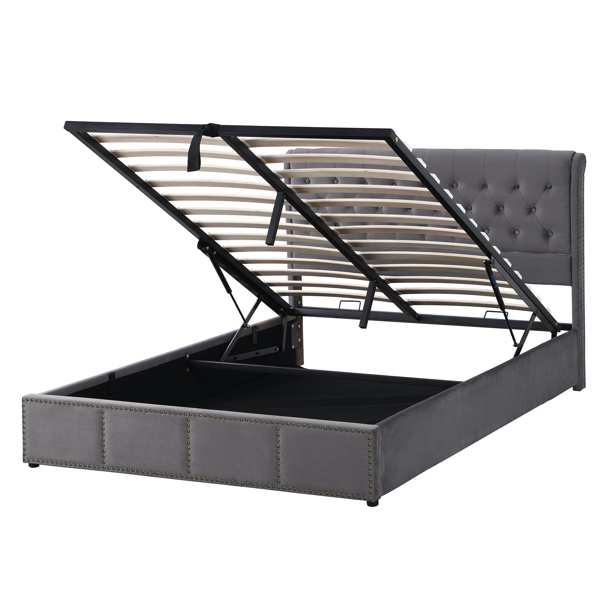 Upholstered Bed with Lift-Up Storage and Studded Footboard, Grey