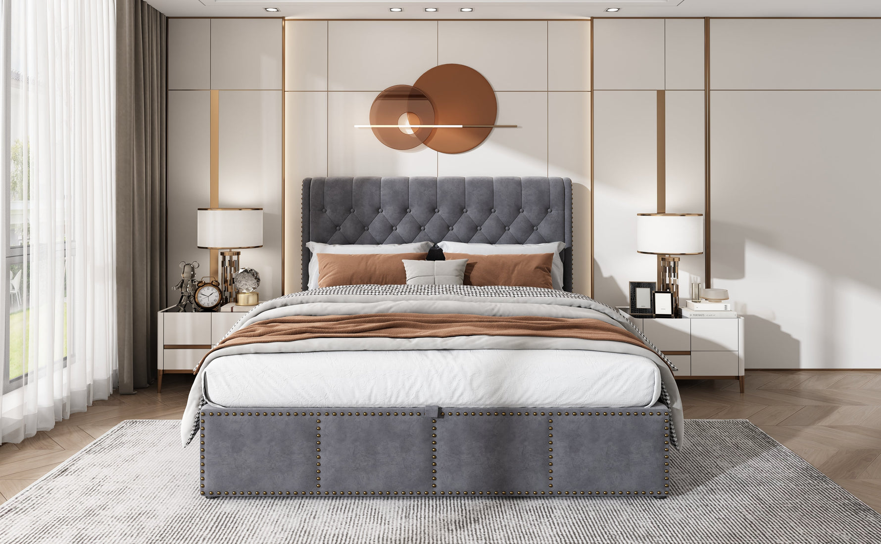 Upholstered Bed Hydraulic Storage Studded Headboard 160x200cm Velvet Grey