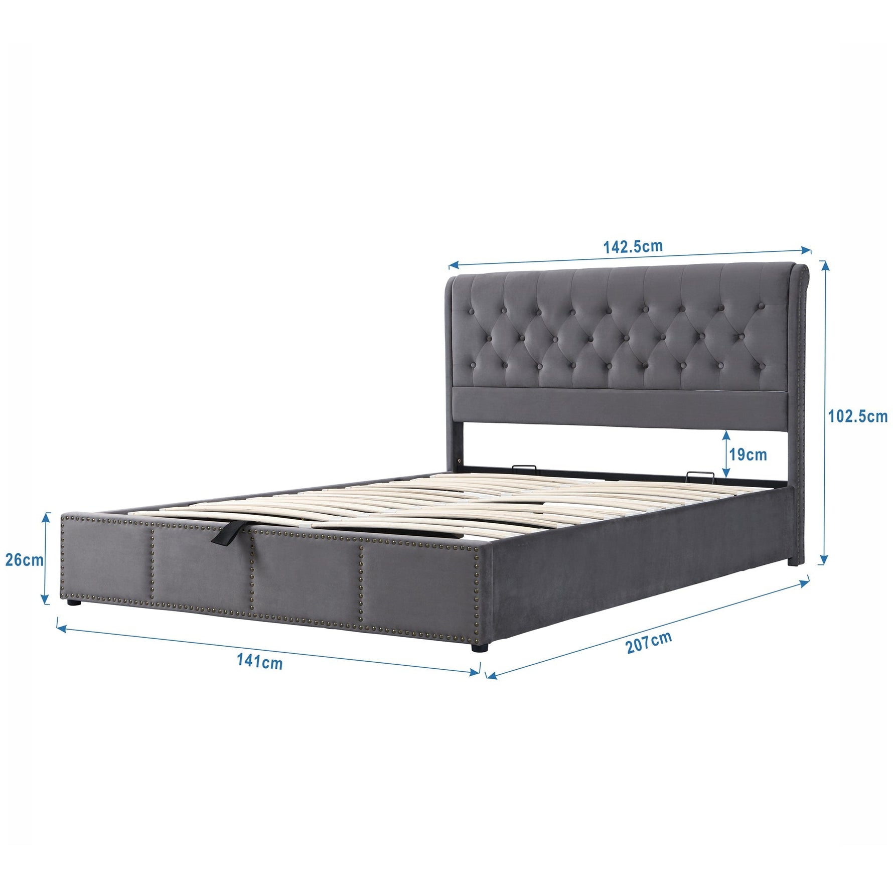 Upholstered Bed with Hydraulic Storage and Bench, 140x200cm, Grey Velvet