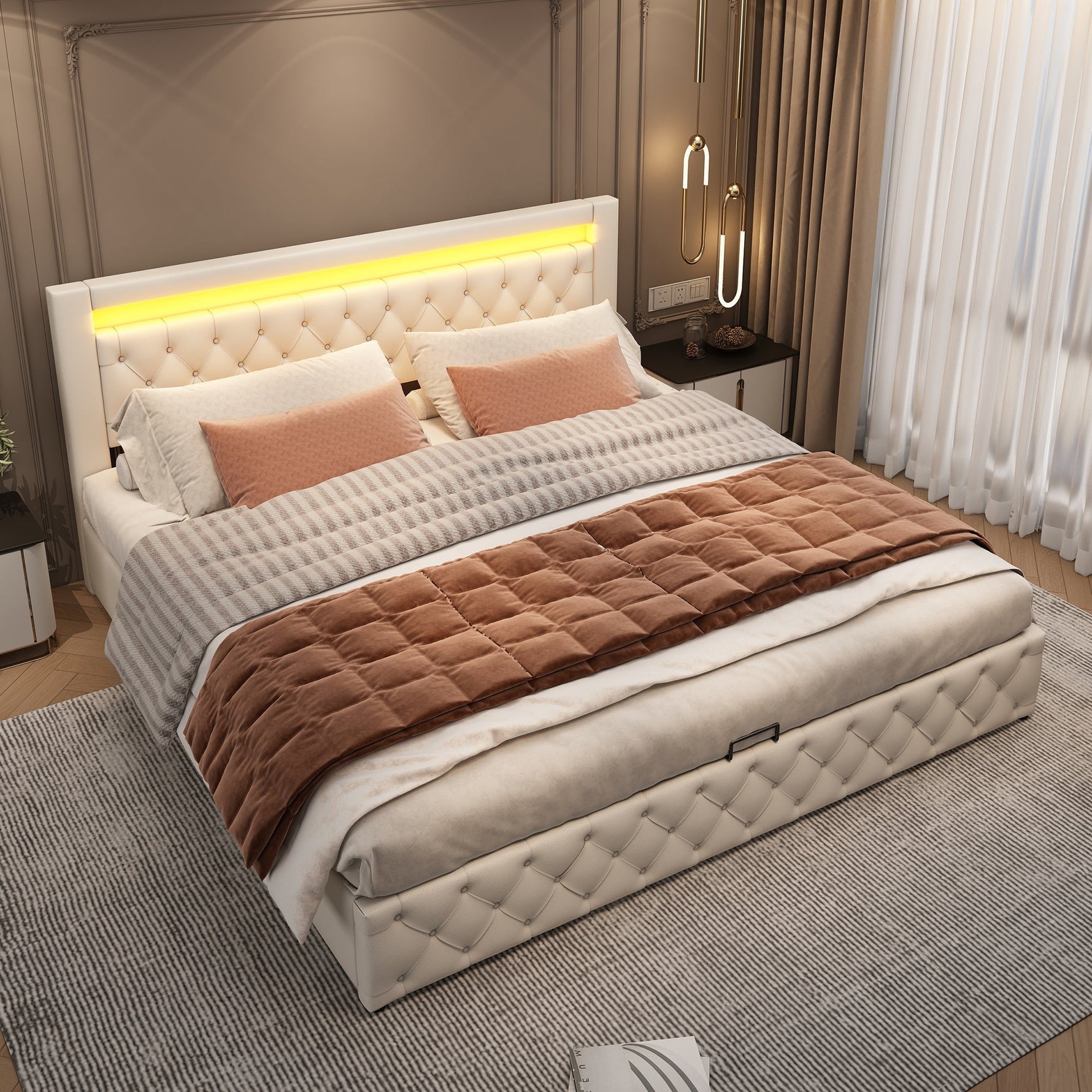 Upholstered Bed 180x200cm Functional Storage LED Slatted Frame - White PU