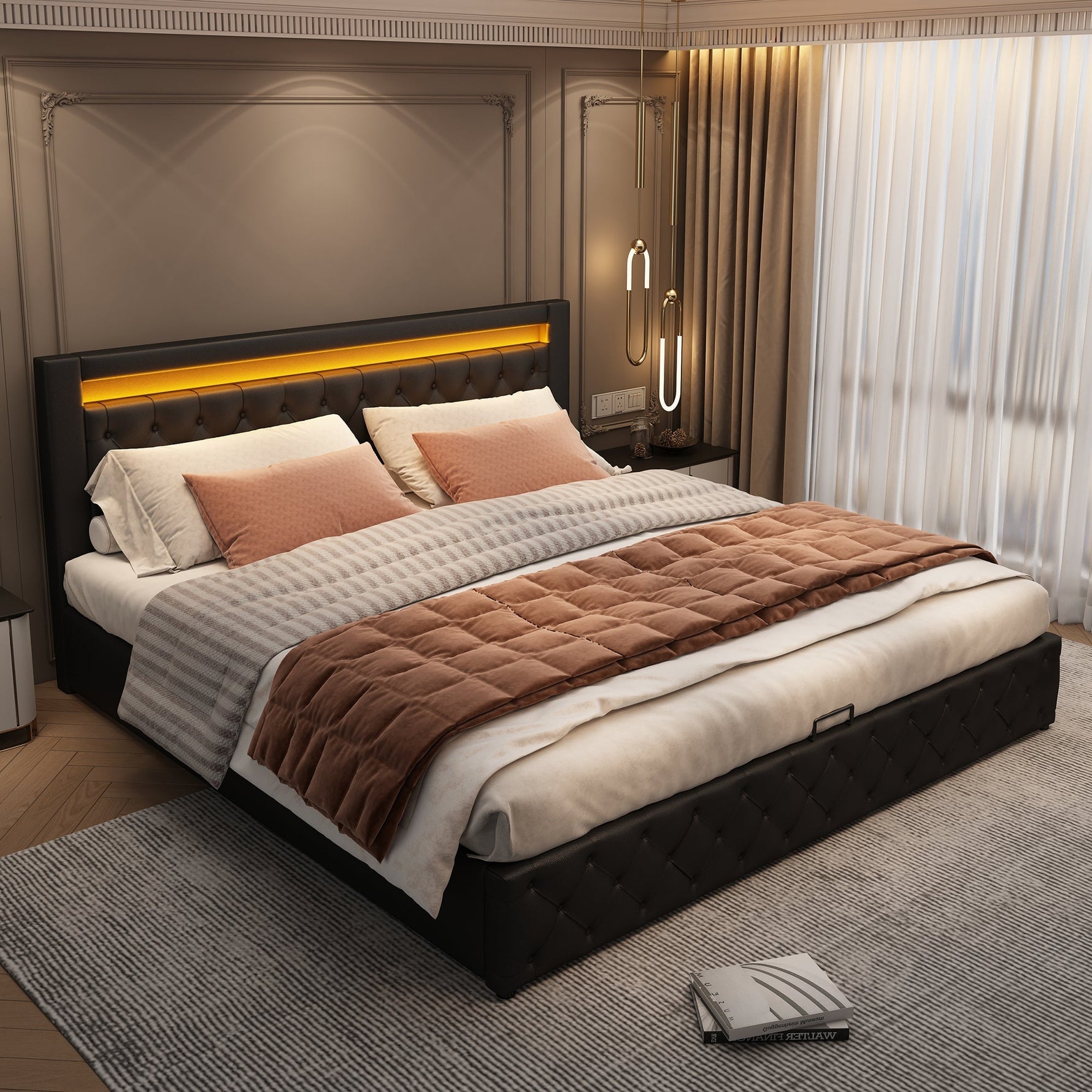 Upholstered Bed 180x200cm Functional Storage LED Slatted Frame - Black PU