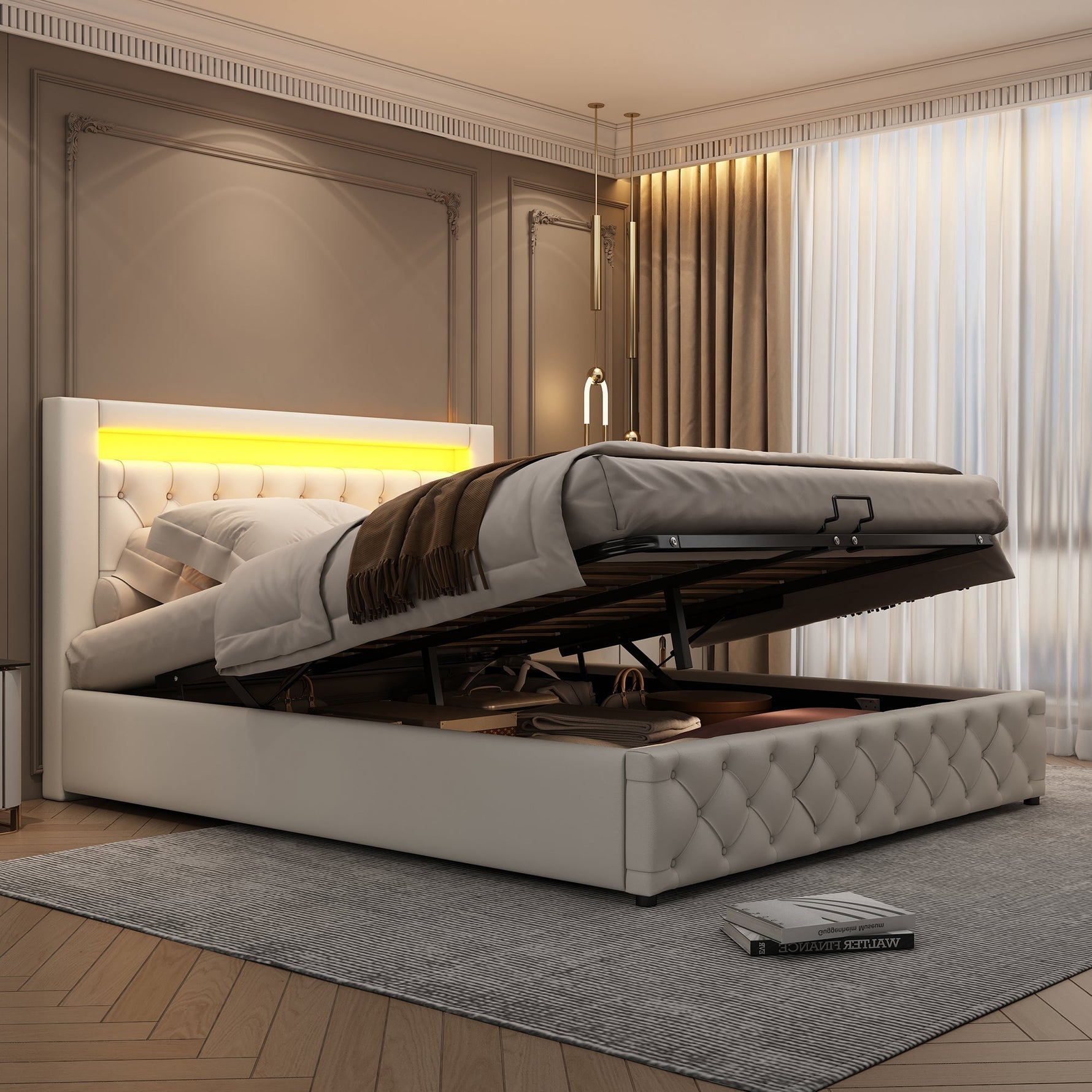 Upholstered Bed 140x200cm Functional Storage LED - White PU